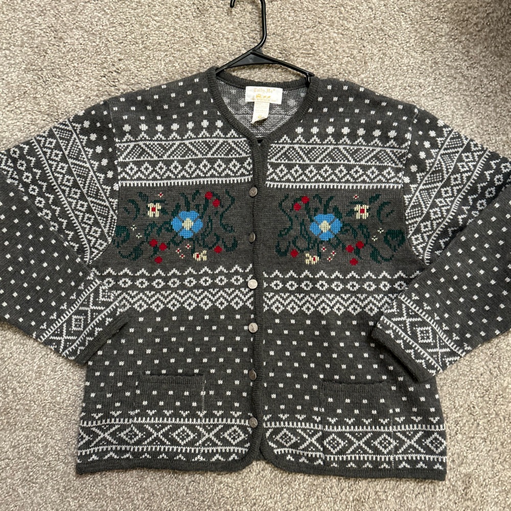 Tally Ho Gray Cardigan with Blue and Red Floral Design